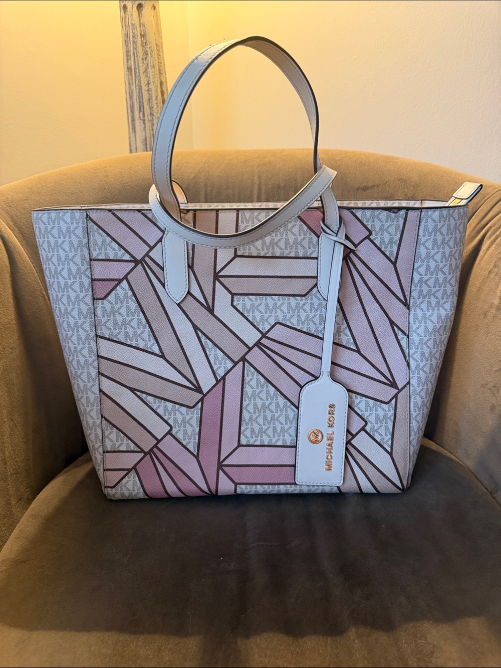 Michael Kors Pink Geo-Print Tote with White Trim